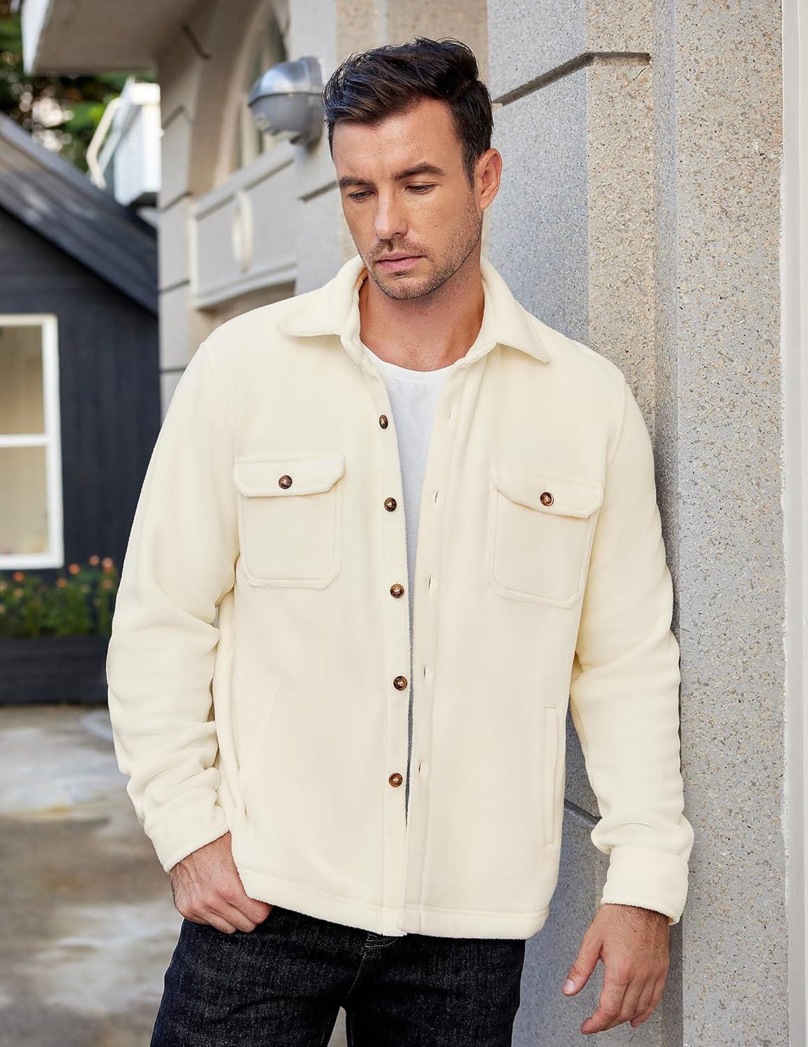 imageCOOFANDY Mens Polar Fleece Shacket Long Sleeve Casual Button Down Shirt Jacket with PocketsBeige
