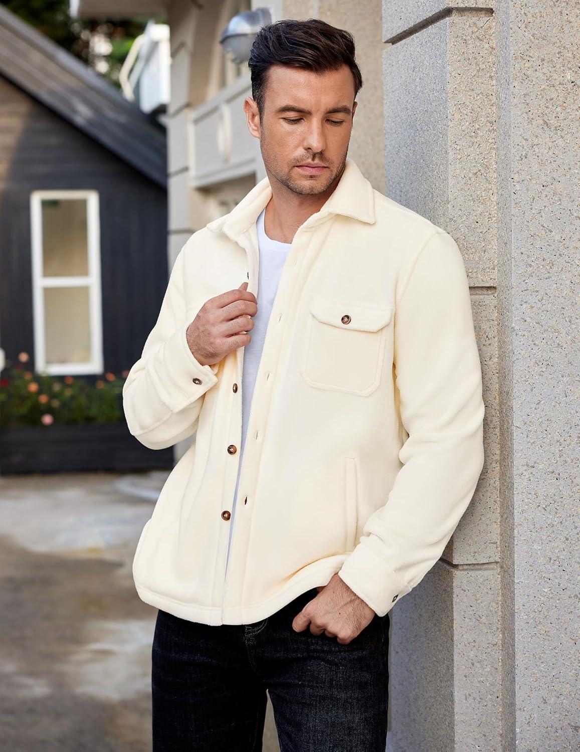 imageCOOFANDY Mens Polar Fleece Shacket Long Sleeve Casual Button Down Shirt Jacket with PocketsBeige