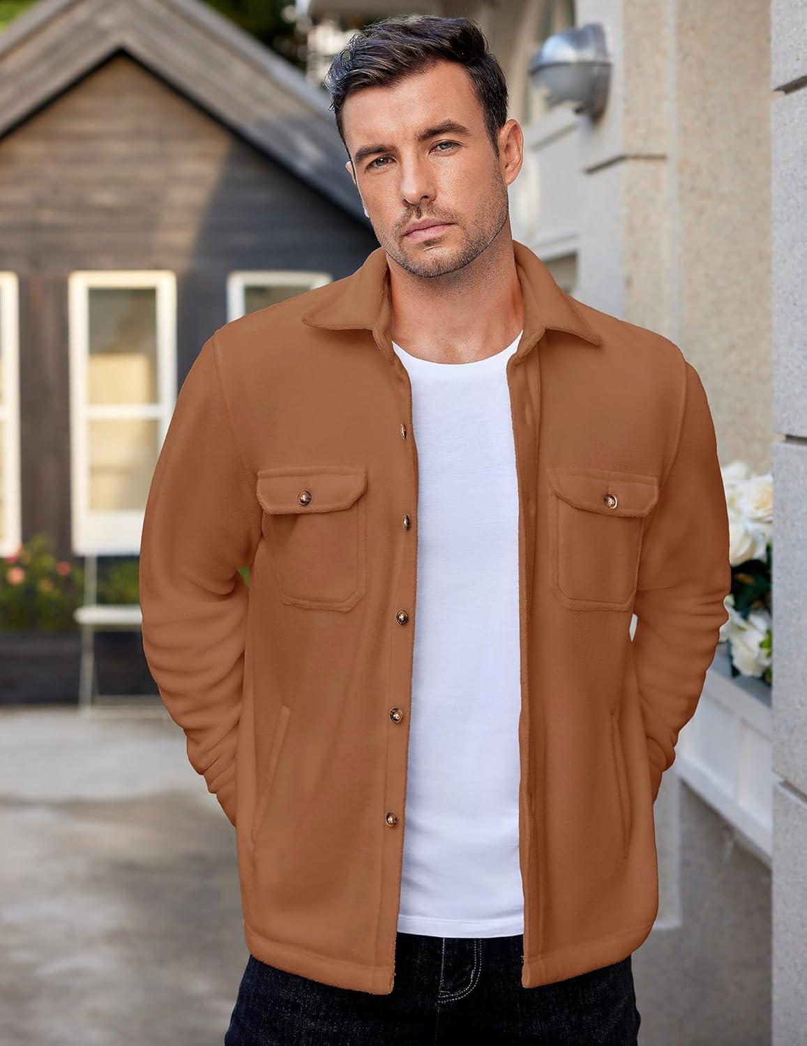 imageCOOFANDY Mens Polar Fleece Shacket Long Sleeve Casual Button Down Shirt Jacket with PocketsCamel