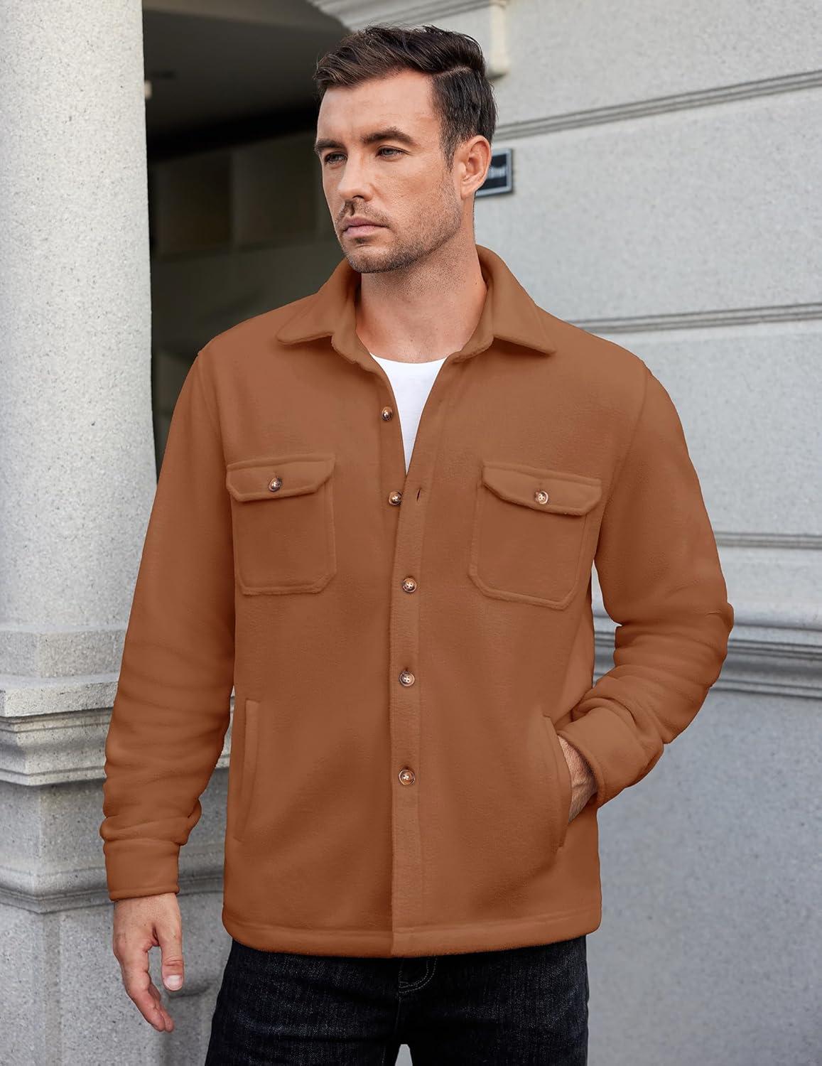 imageCOOFANDY Mens Polar Fleece Shacket Long Sleeve Casual Button Down Shirt Jacket with PocketsCamel