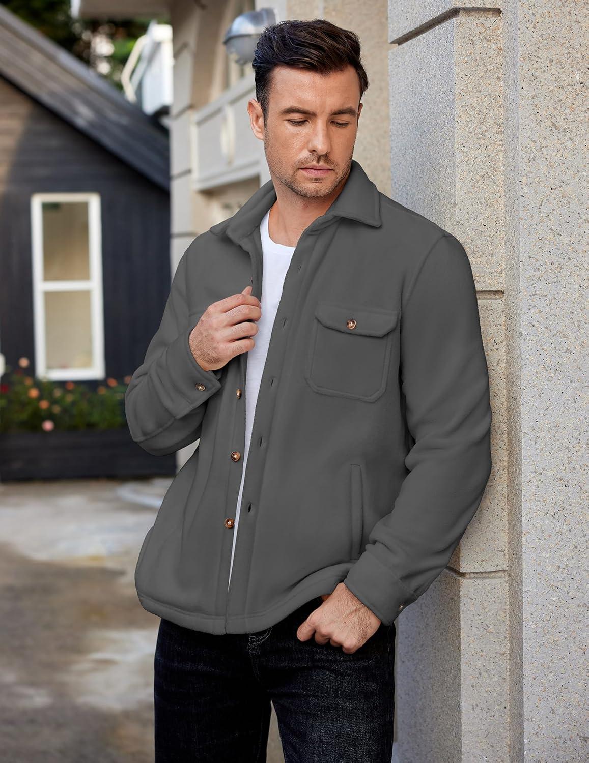 imageCOOFANDY Mens Polar Fleece Shacket Long Sleeve Casual Button Down Shirt Jacket with PocketsDark Grey