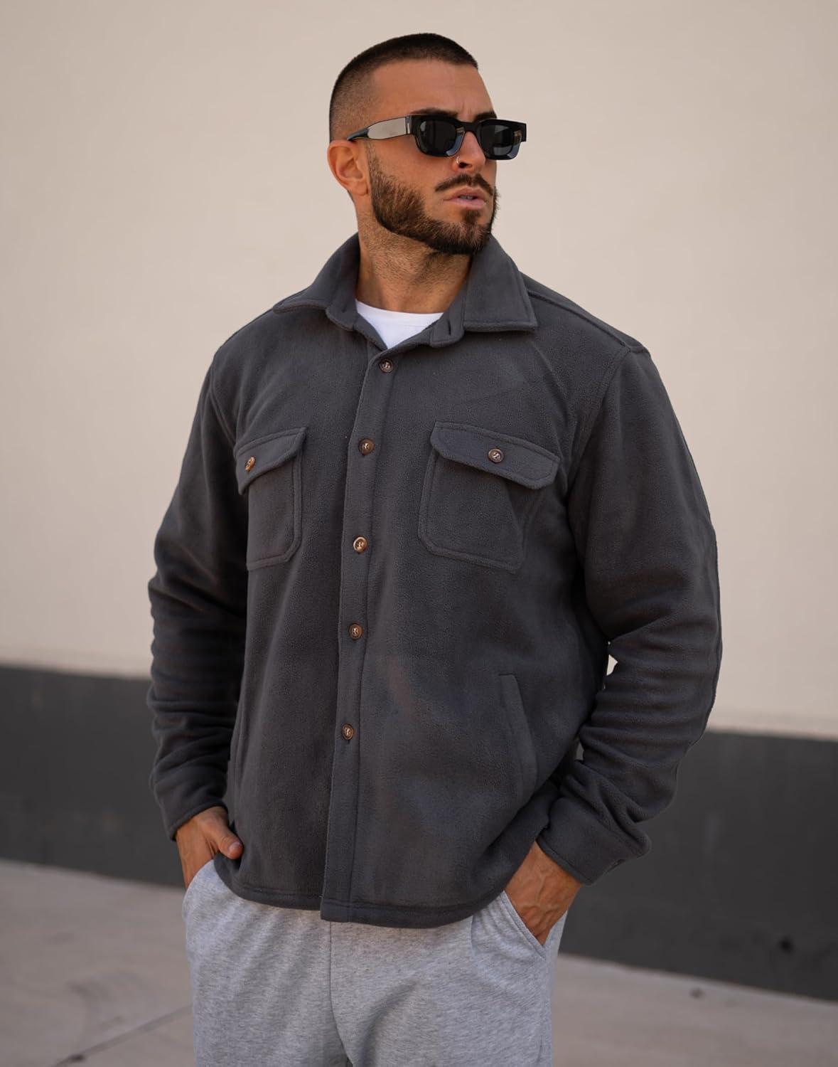 imageCOOFANDY Mens Polar Fleece Shacket Long Sleeve Casual Button Down Shirt Jacket with PocketsDark Grey