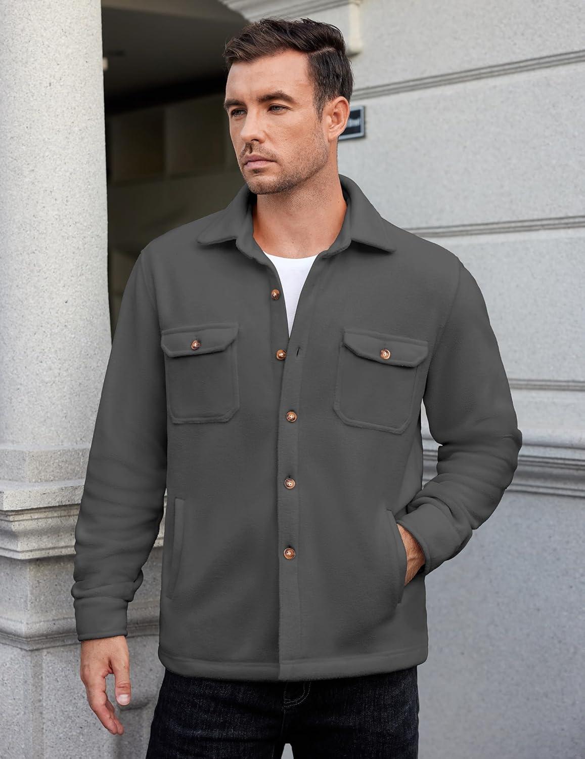 imageCOOFANDY Mens Polar Fleece Shacket Long Sleeve Casual Button Down Shirt Jacket with PocketsDark Grey