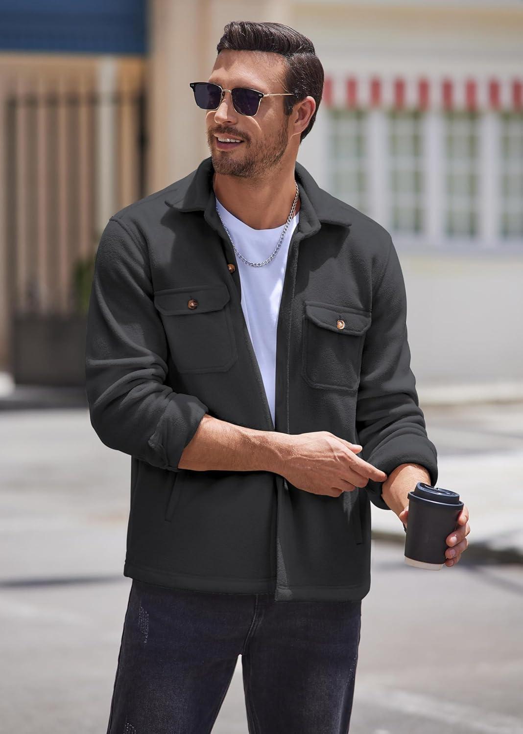 imageCOOFANDY Mens Polar Fleece Shacket Long Sleeve Casual Button Down Shirt Jacket with PocketsDark Grey