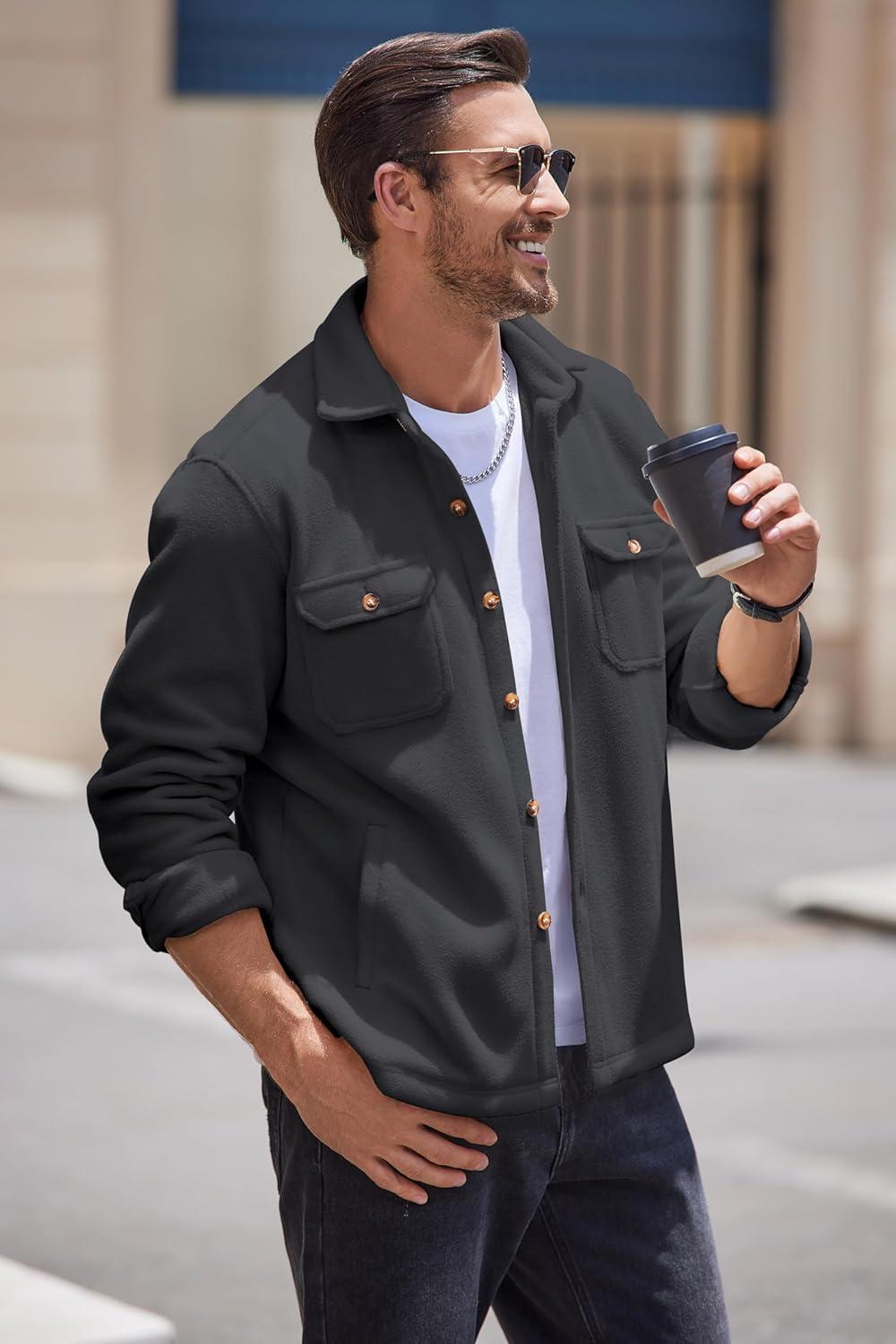 imageCOOFANDY Mens Polar Fleece Shacket Long Sleeve Casual Button Down Shirt Jacket with PocketsDark Grey