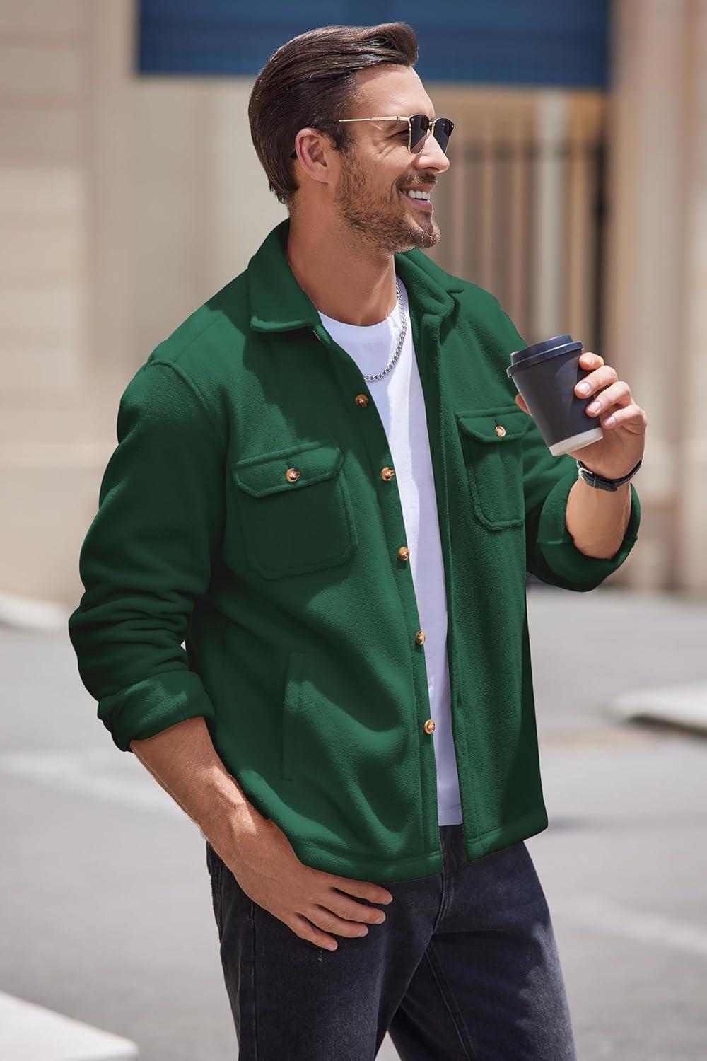 imageCOOFANDY Mens Polar Fleece Shacket Long Sleeve Casual Button Down Shirt Jacket with PocketsGreen