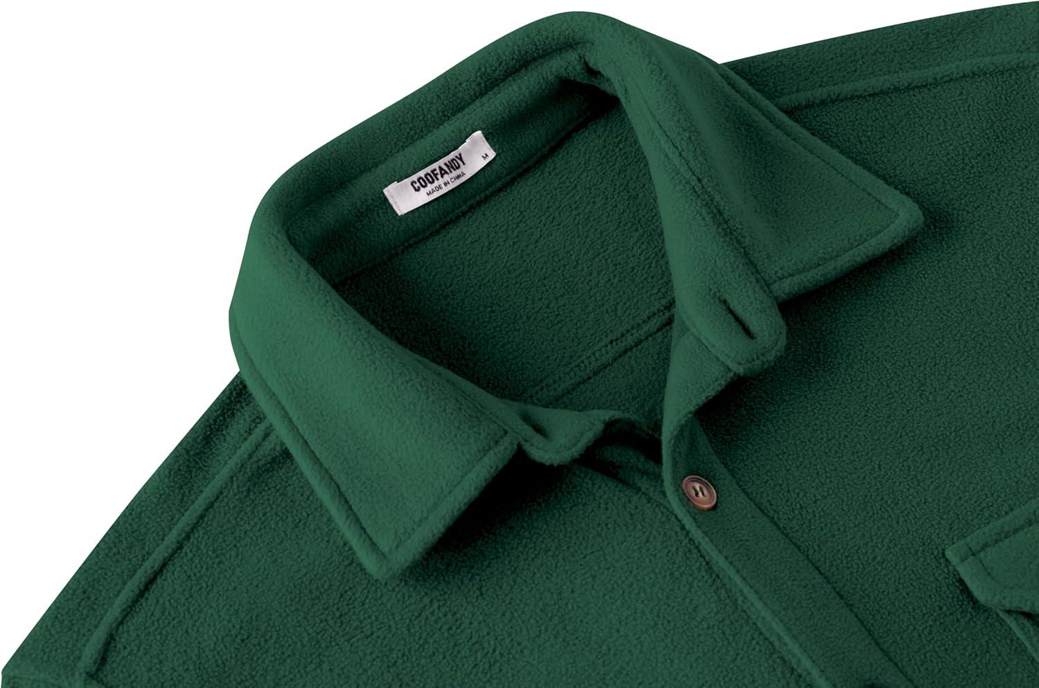 imageCOOFANDY Mens Polar Fleece Shacket Long Sleeve Casual Button Down Shirt Jacket with PocketsGreen