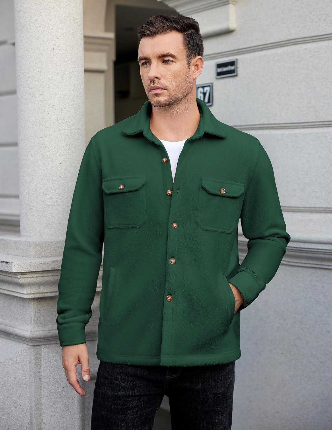 imageCOOFANDY Mens Polar Fleece Shacket Long Sleeve Casual Button Down Shirt Jacket with PocketsGreen