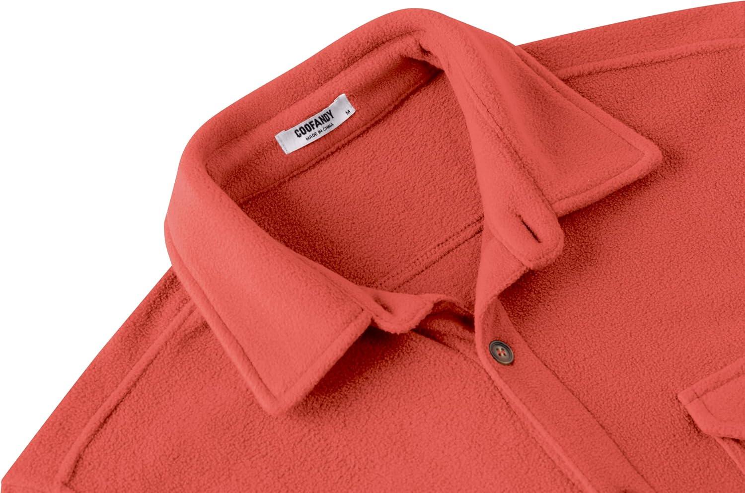 imageCOOFANDY Mens Polar Fleece Shacket Long Sleeve Casual Button Down Shirt Jacket with PocketsRedorange