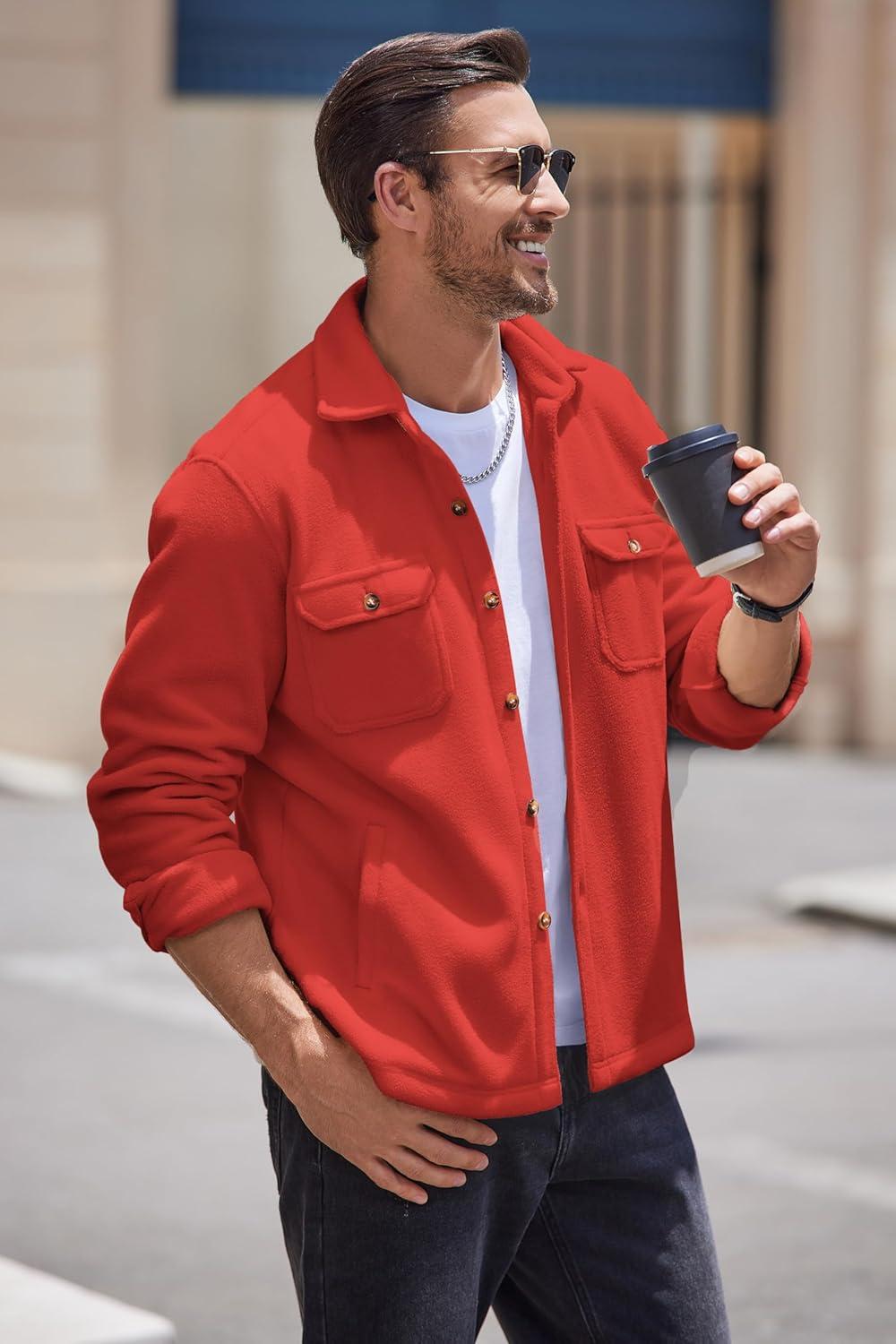 imageCOOFANDY Mens Polar Fleece Shacket Long Sleeve Casual Button Down Shirt Jacket with PocketsRedorange