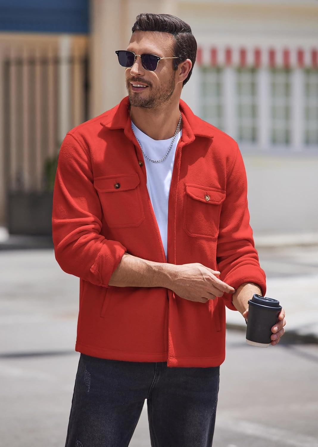 imageCOOFANDY Mens Polar Fleece Shacket Long Sleeve Casual Button Down Shirt Jacket with PocketsRedorange
