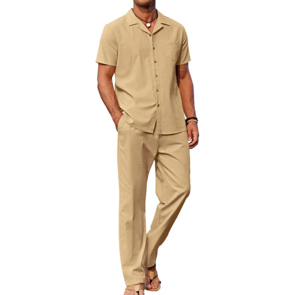 imageCOOFANDY Men 2 Piece Linen Outfit Beach Button Down Shirt Casual Loose Pant SetsLight Tan