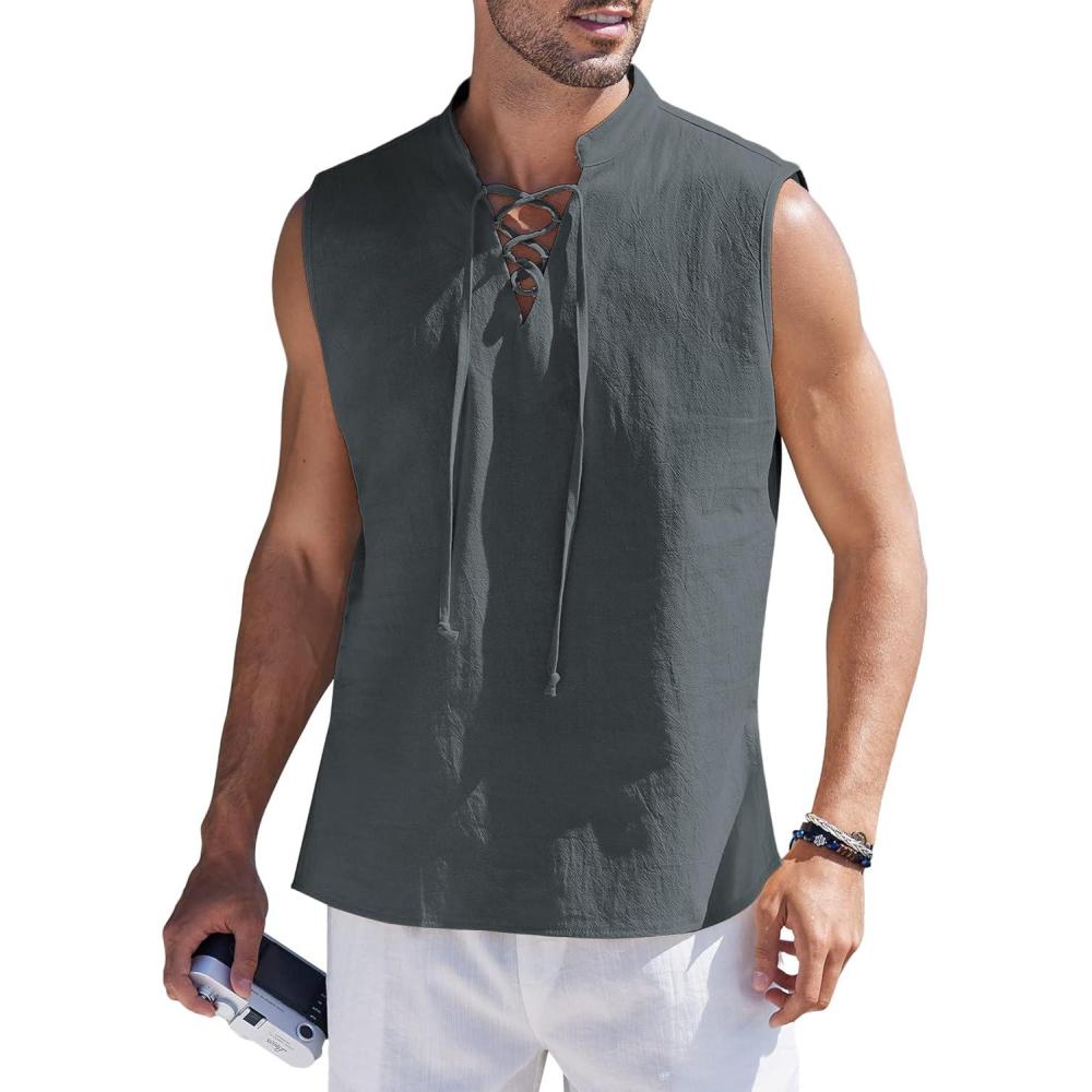 imageCOOFANDY Men Tank Top Cotton Linen Beach Sleeveless Shirt Lace Up Bohemian Hippie Renaissance Pirate Kilt Medieval TunicDrak Gray