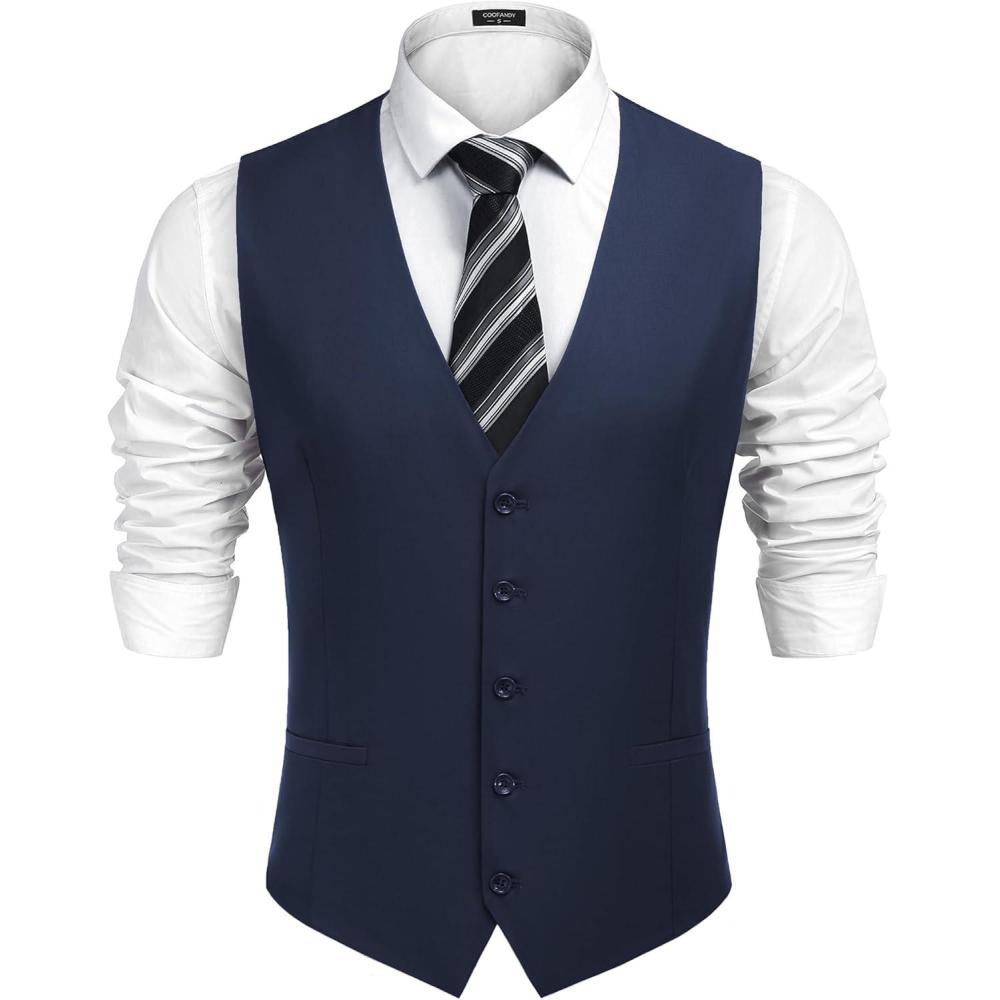 imageCOOFANDY Mens Business Suit Vest Casual Dress Vest Slim Fit Formal WaistcoatNavy