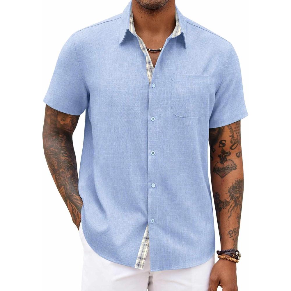 imageCOOFANDY Mens Button Down Shirts with Pocket  Short Sleeve Casual Shirts for Summer Beach Vacation ampamp WeddingDenim Blue
