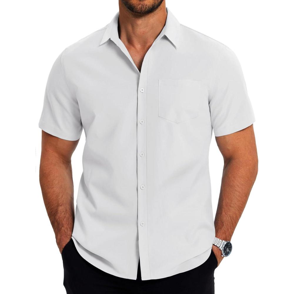 imageCOOFANDY Mens Casual Button Down Shirts Short Sleeve Business Shirts Lightweight Wrinkle Free Dress ShirtsAwhite