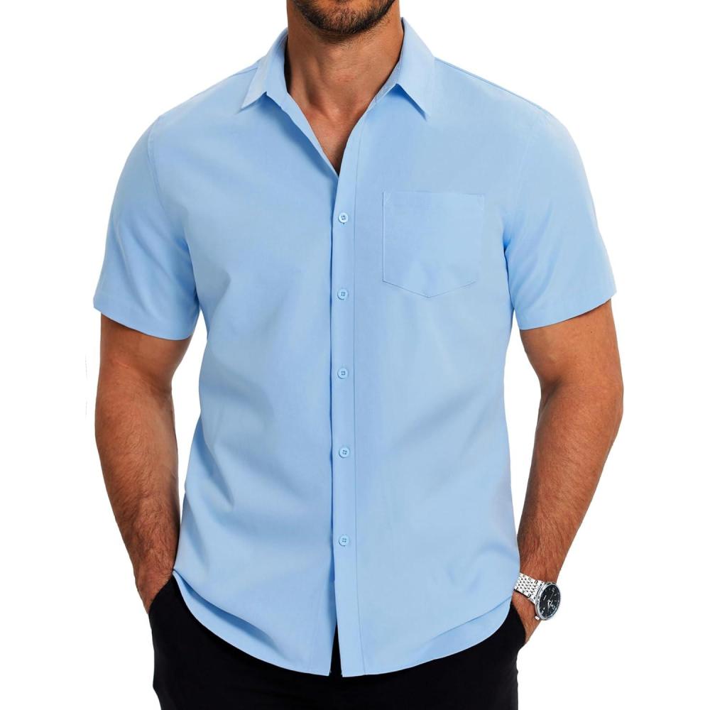 imageCOOFANDY Mens Casual Button Down Shirts Short Sleeve Business Shirts Lightweight Wrinkle Free Dress ShirtsBlue