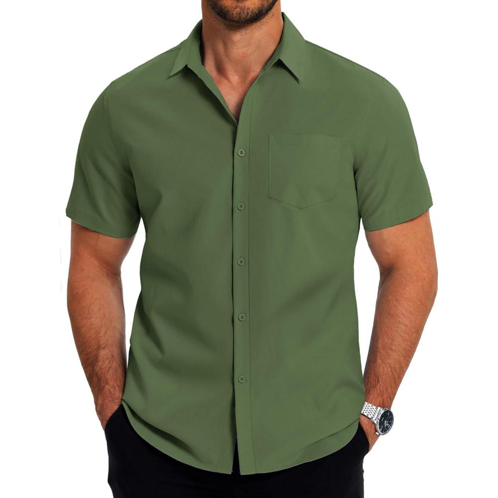 imageCOOFANDY Mens Casual Button Down Shirts Short Sleeve Business Shirts Lightweight Wrinkle Free Dress ShirtsDark Army Green
