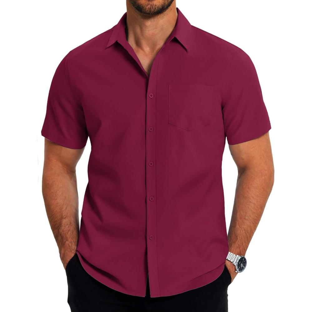 imageCOOFANDY Mens Casual Button Down Shirts Short Sleeve Business Shirts Lightweight Wrinkle Free Dress ShirtsWine Red