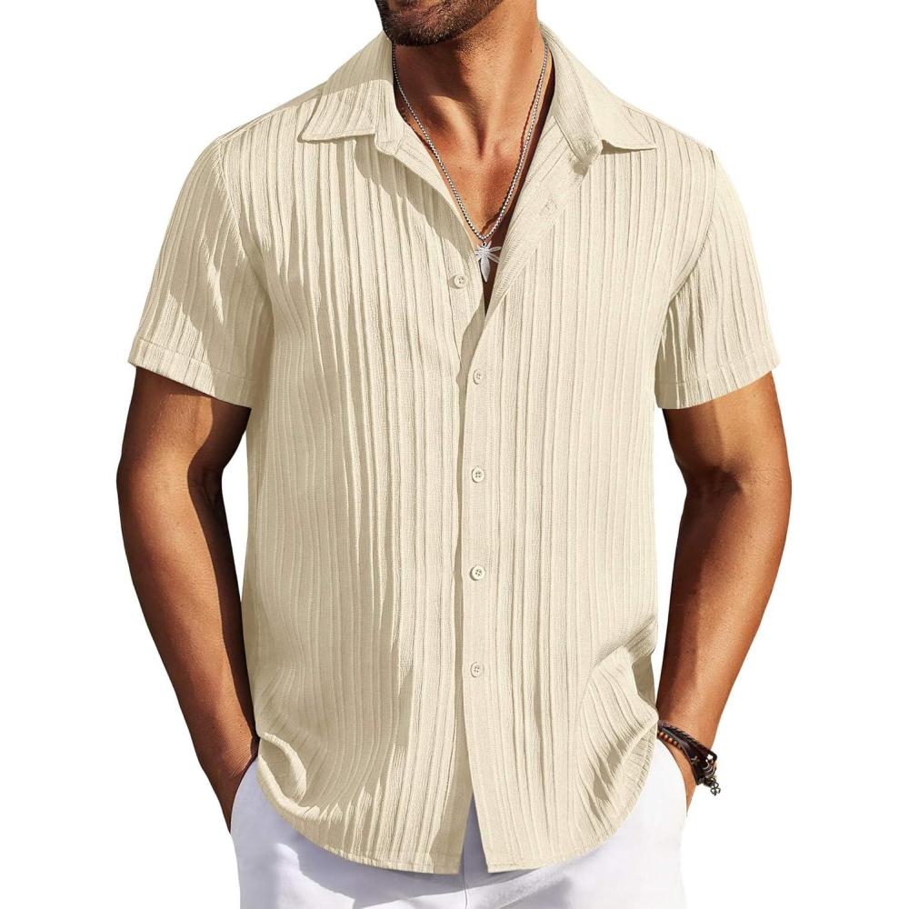 imageCOOFANDY Mens Casual Button Down Shirts Short Sleeve Textured Summer Beach ShirtsBeige
