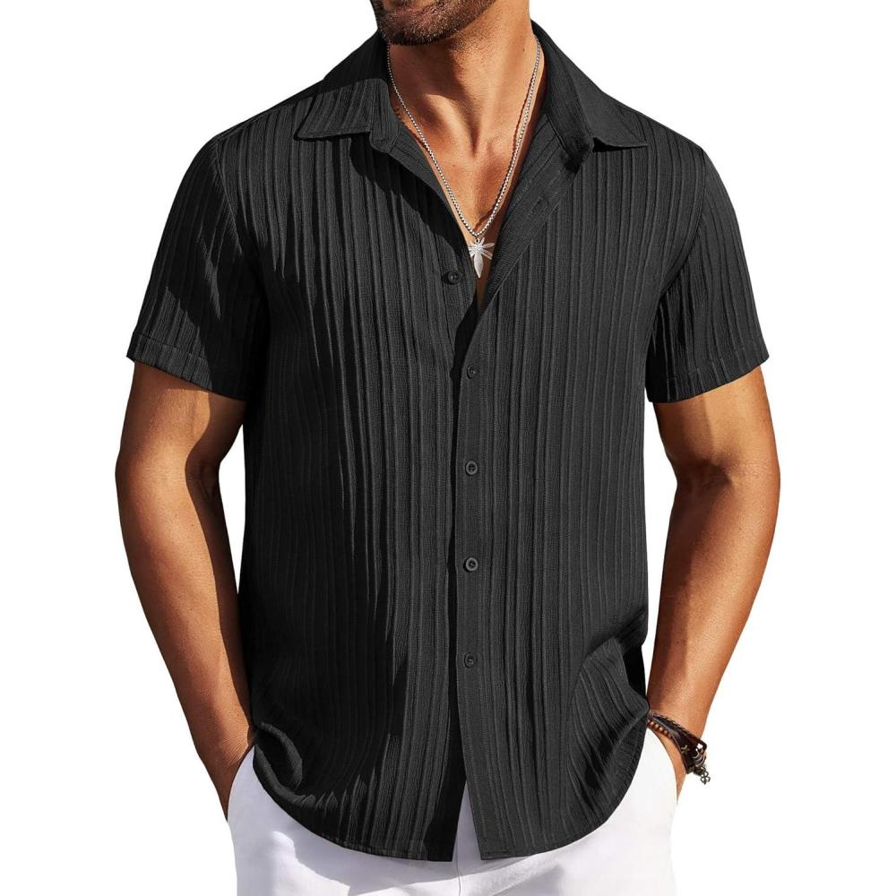 imageCOOFANDY Mens Casual Button Down Shirts Short Sleeve Textured Summer Beach ShirtsBlack