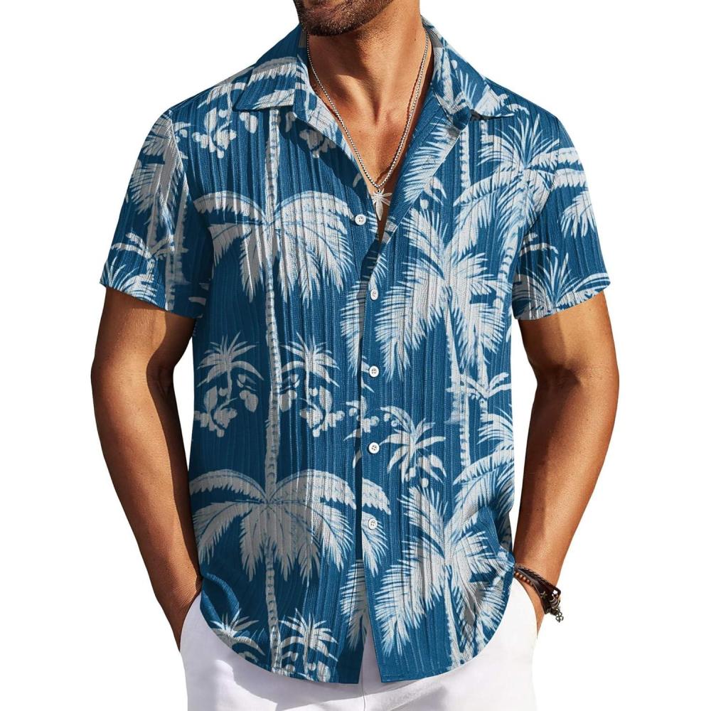 imageCOOFANDY Mens Casual Button Down Shirts Short Sleeve Textured Summer Beach ShirtsBluecoconut Tree