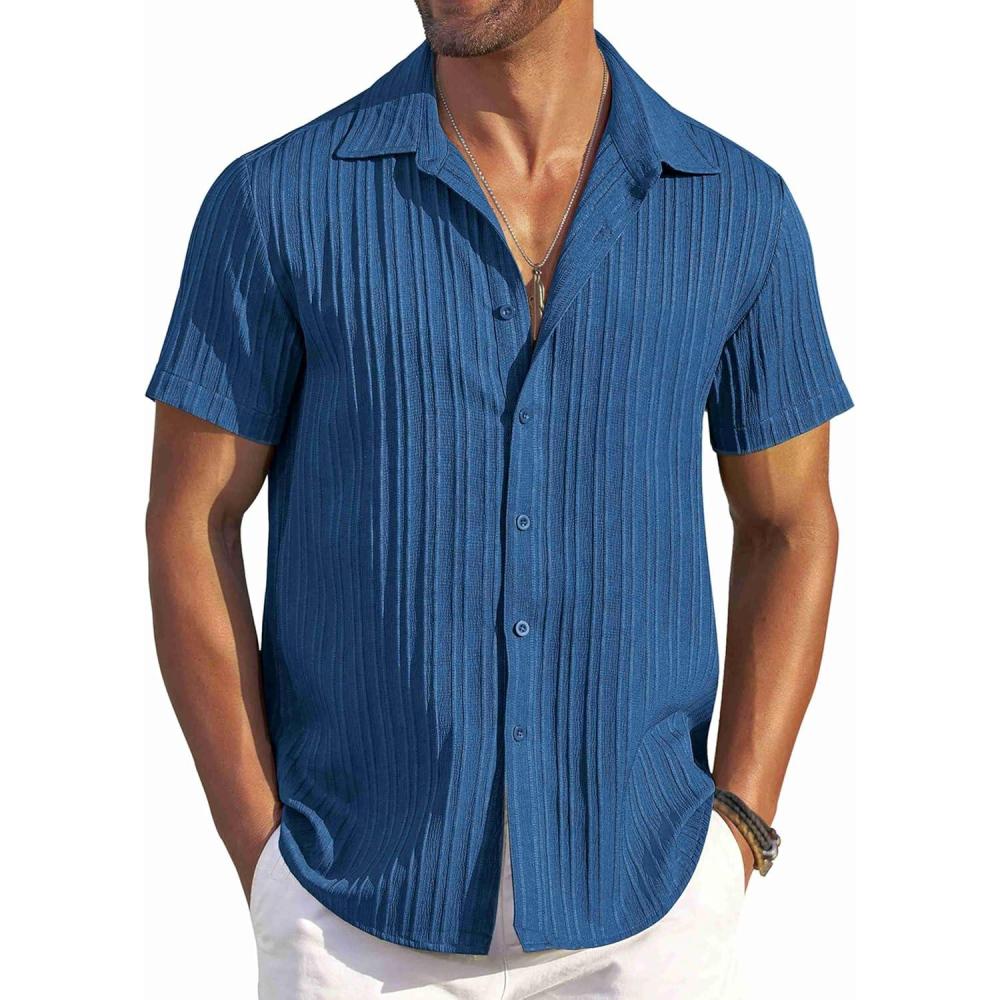 imageCOOFANDY Mens Casual Button Down Shirts Short Sleeve Textured Summer Beach ShirtsDark Blue