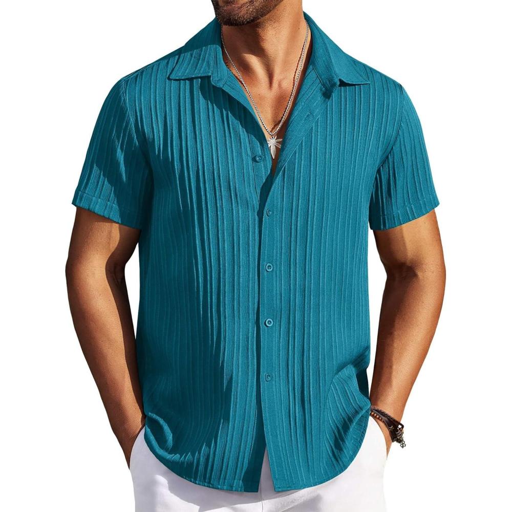 imageCOOFANDY Mens Casual Button Down Shirts Short Sleeve Textured Summer Beach ShirtsLake Blue