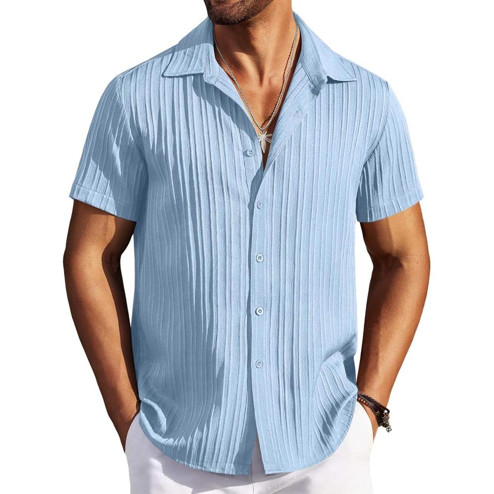 imageCOOFANDY Mens Casual Button Down Shirts Short Sleeve Textured Summer Beach ShirtsLight Blue