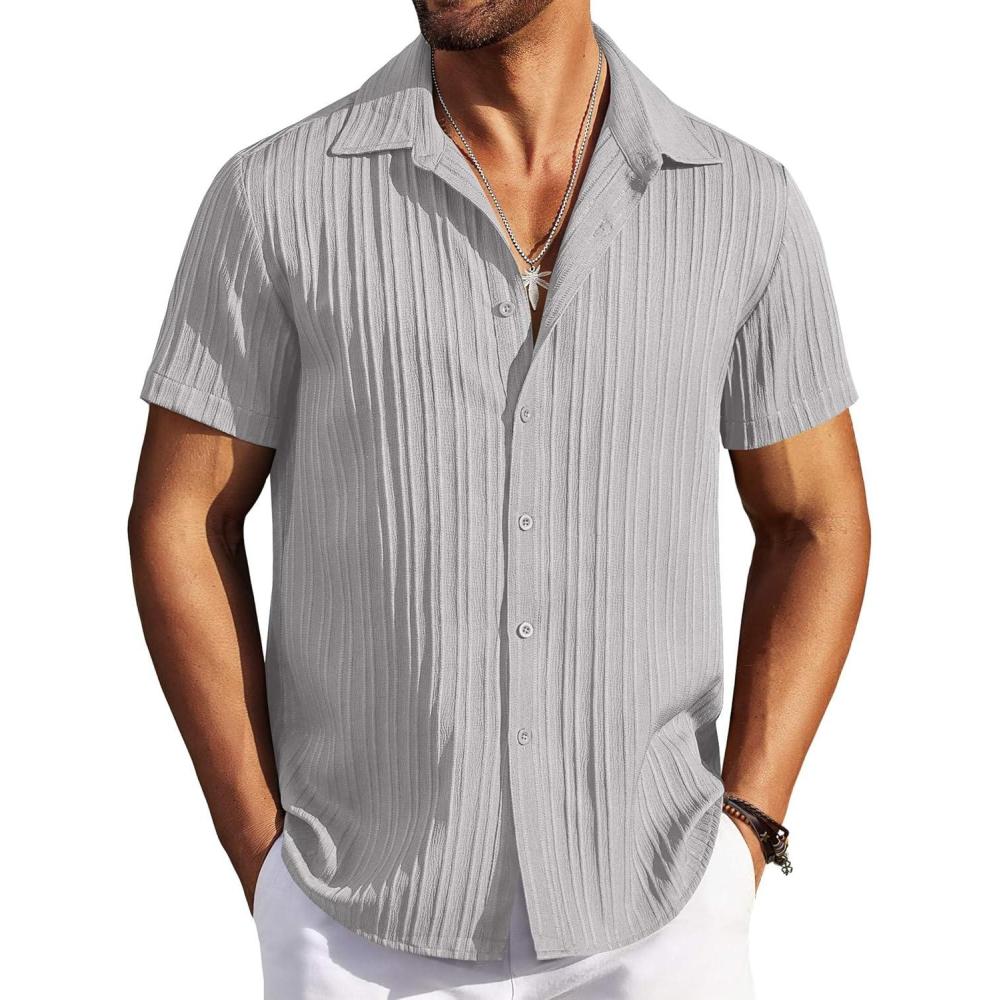 imageCOOFANDY Mens Casual Button Down Shirts Short Sleeve Textured Summer Beach ShirtsLight Grey