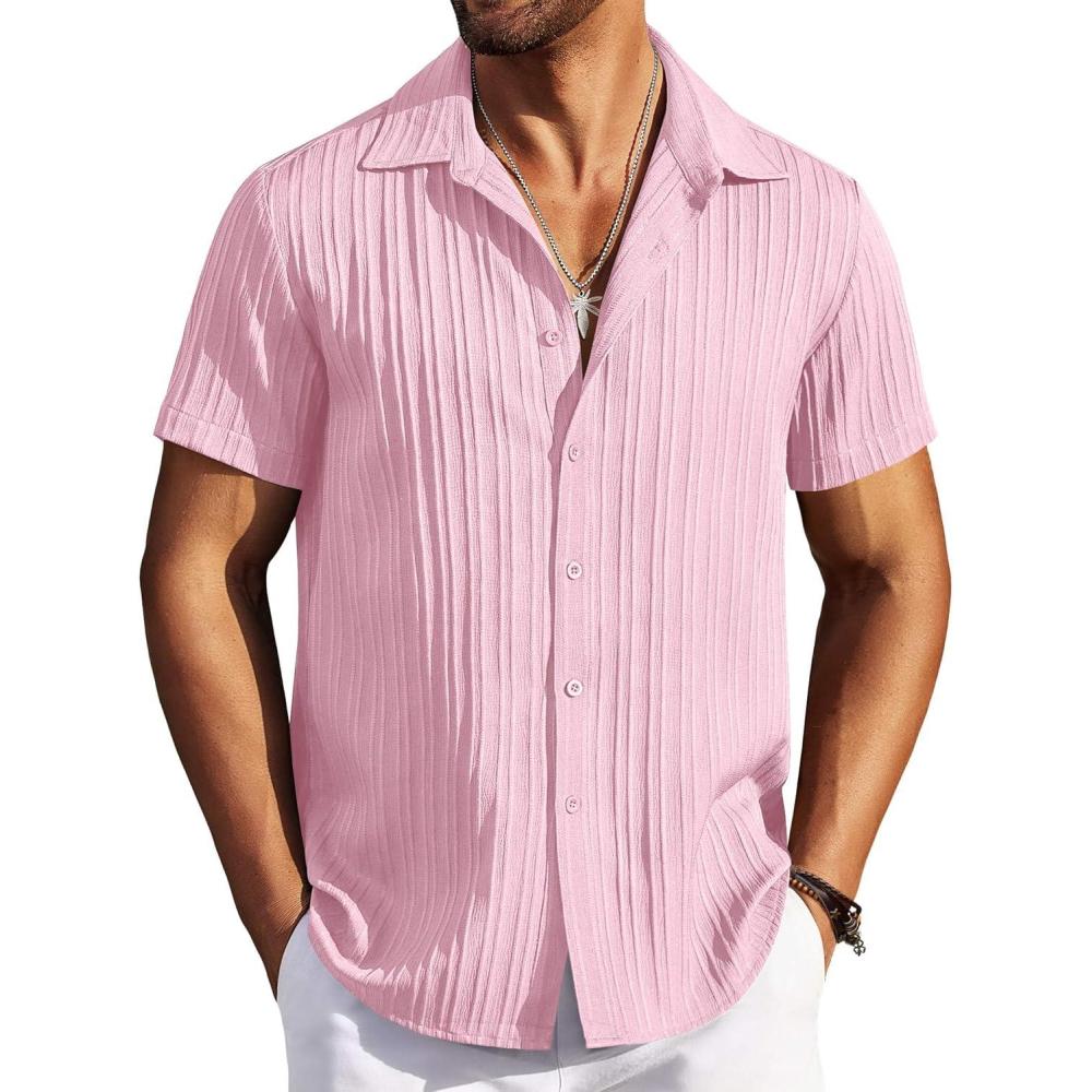 imageCOOFANDY Mens Casual Button Down Shirts Short Sleeve Textured Summer Beach ShirtsPink
