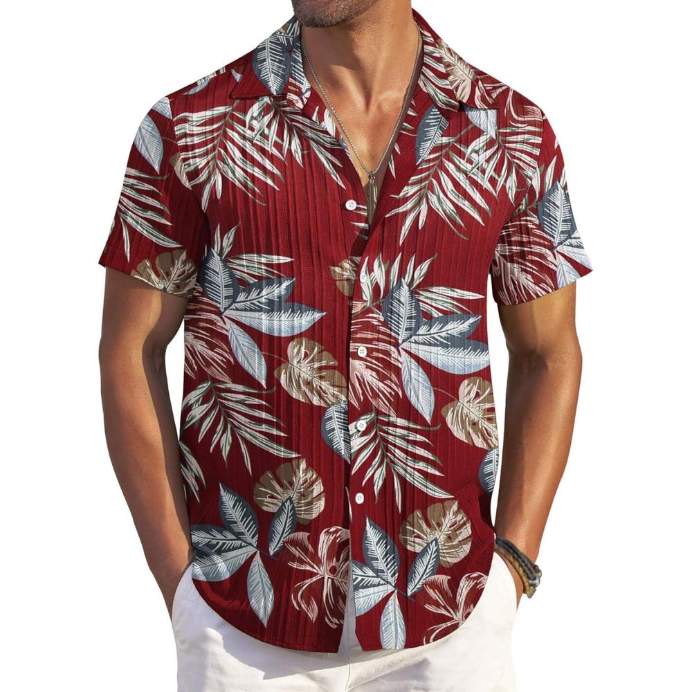 imageCOOFANDY Mens Casual Button Down Shirts Short Sleeve Textured Summer Beach ShirtsRed  Tropical Leaf