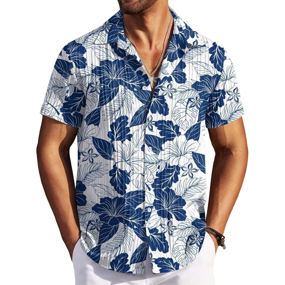 imageCOOFANDY Mens Casual Button Down Shirts Short Sleeve Textured Summer Beach ShirtsWhiteblue Flower