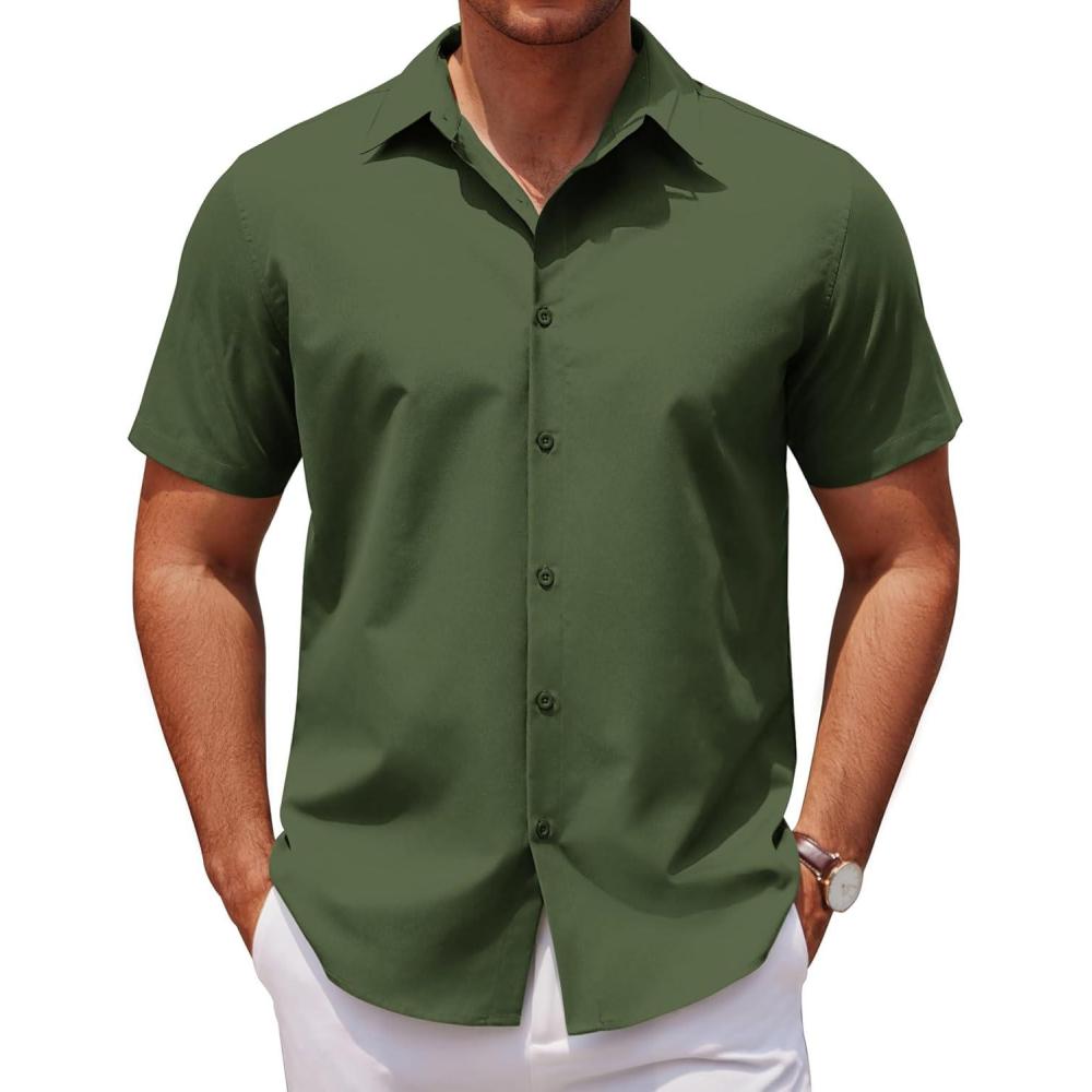 imageCOOFANDY Mens Casual Short Sleeve Button Down Shirts Untucked Dress Shirts Wrinkle Free Summer Wedding Shirts SolidArmy Green