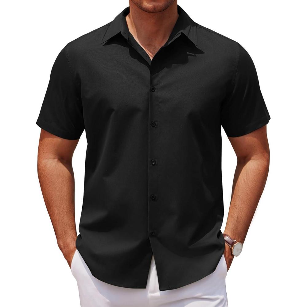 imageCOOFANDY Mens Casual Short Sleeve Button Down Shirts Untucked Dress Shirts Wrinkle Free Summer Wedding Shirts SolidBlack