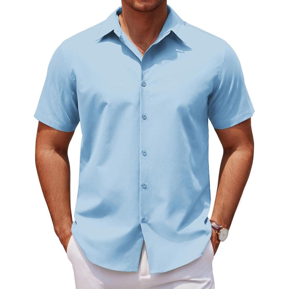 imageCOOFANDY Mens Casual Short Sleeve Button Down Shirts Untucked Dress Shirts Wrinkle Free Summer Wedding Shirts SolidLight Blue