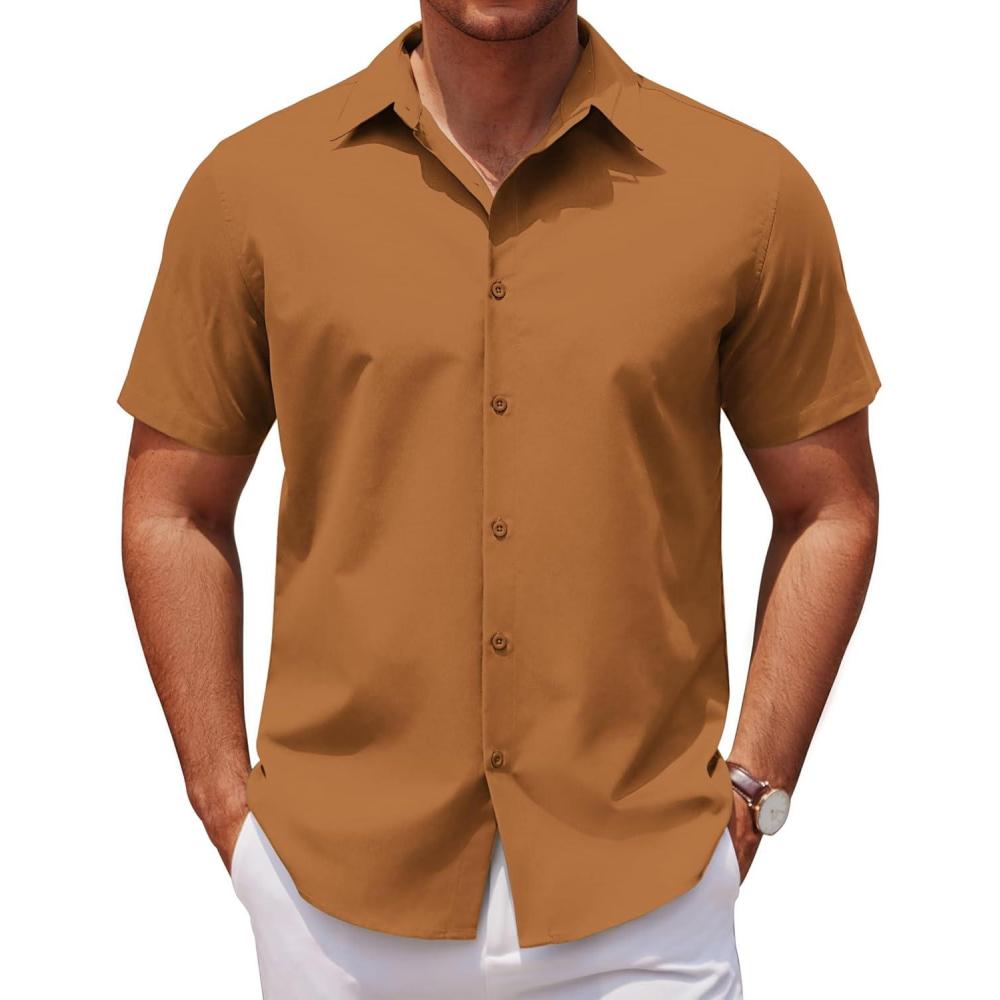 imageCOOFANDY Mens Casual Short Sleeve Button Down Shirts Untucked Dress Shirts Wrinkle Free Summer Wedding Shirts SolidLight Brown