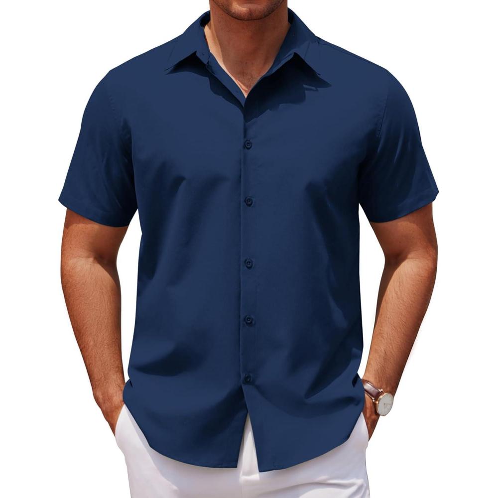 imageCOOFANDY Mens Casual Short Sleeve Button Down Shirts Untucked Dress Shirts Wrinkle Free Summer Wedding Shirts SolidNavy Blue