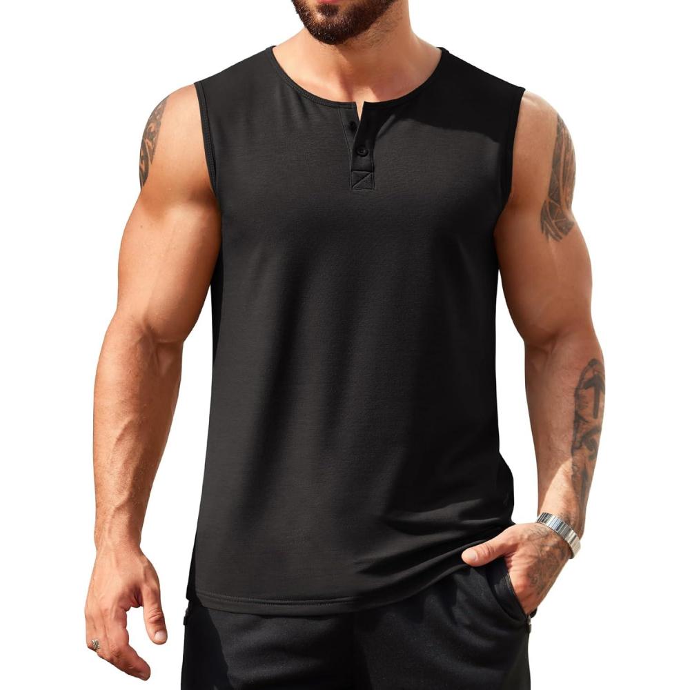 imageCOOFANDY Mens Casual Tank Top Sleeveless Henley Shirts Muscle Fit T Shirt01black1pcs