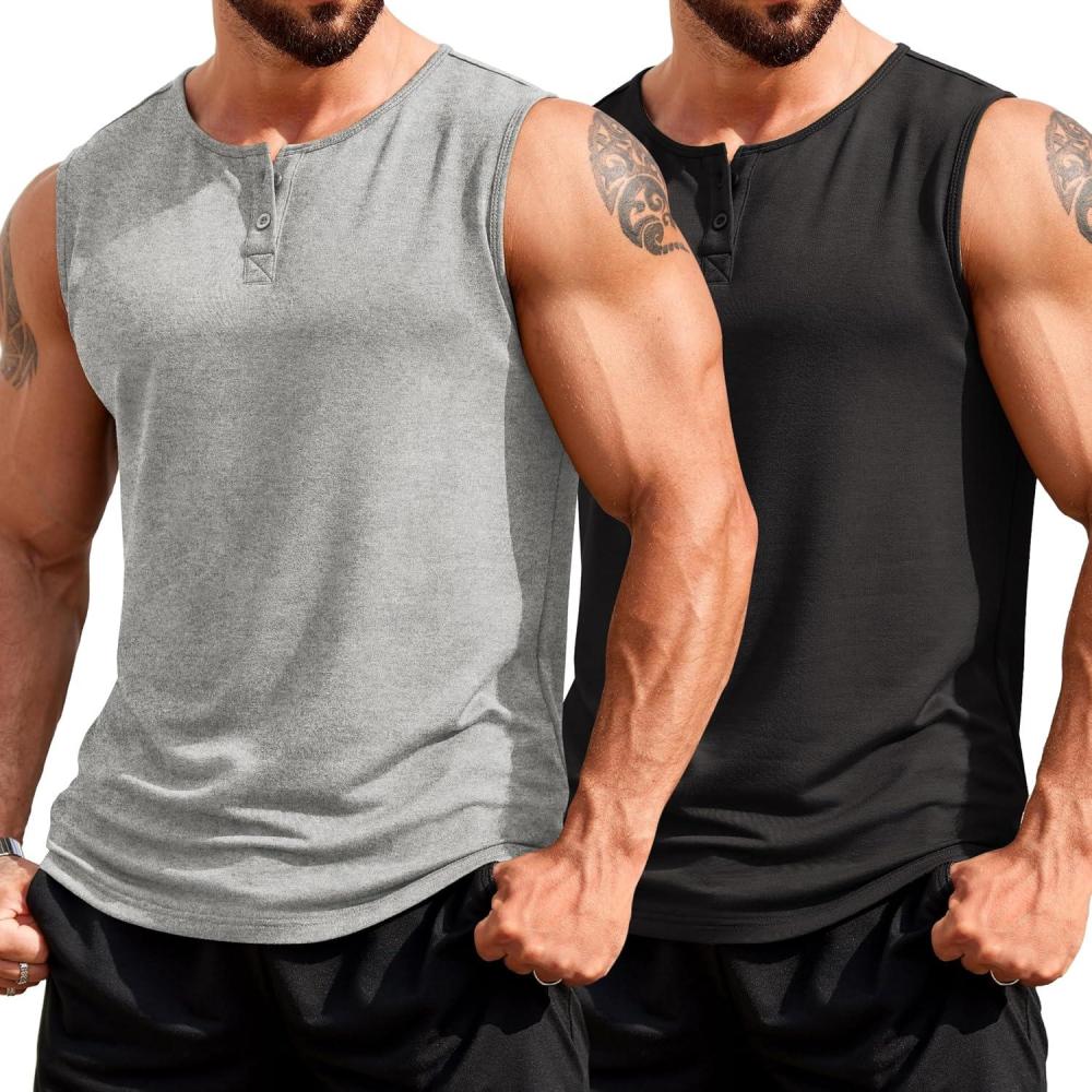 imageCOOFANDY Mens Casual Tank Top Sleeveless Henley Shirts Muscle Fit T Shirt02light GreyBlack2pcs