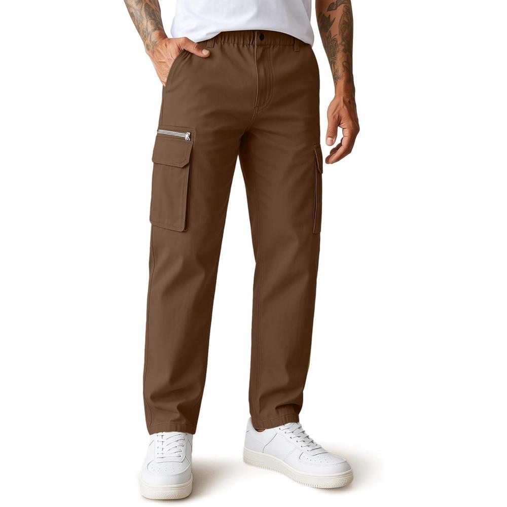 imageCOOFANDY Mens Cotton Cargo Pants Relaxed Fit Elastic Waist Casual Pants Stretch Work Cargo Pant with PocketsBrown