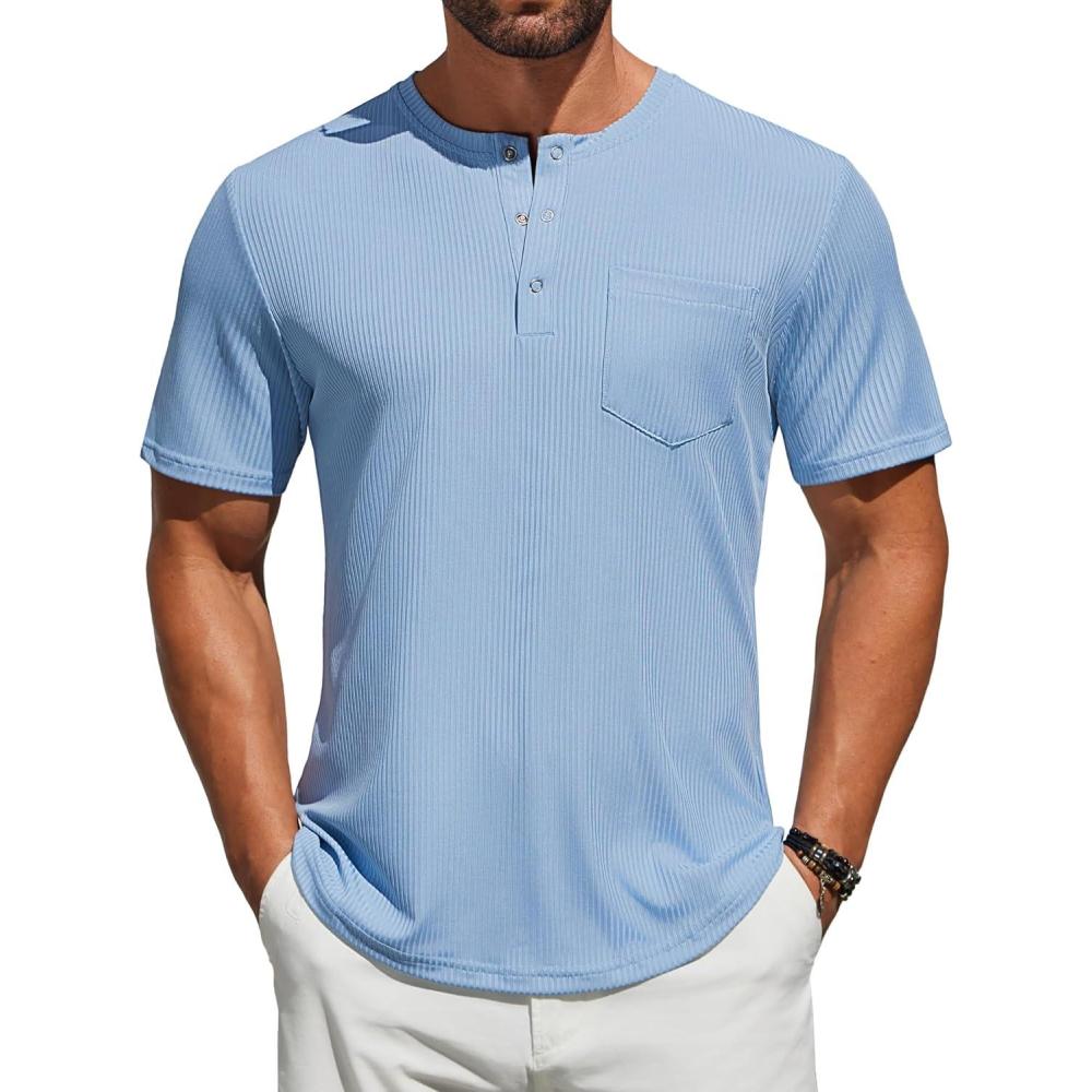 imageCOOFANDY Mens Henley Shirts Short Sleeve Tshirt Basic Button Tees Summer Ribbed Pocket T Shirt Casual Stretch TopsLight Blue