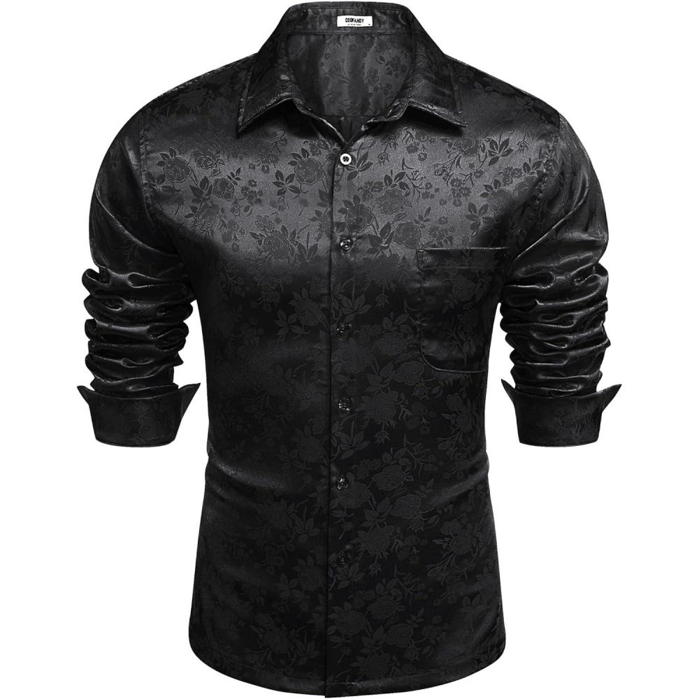 imageCOOFANDY Mens Luxury Satin Dress Shirt Shiny Silk Long Sleeve Button Up Shirts Wedding Shirt Party PromForal Black