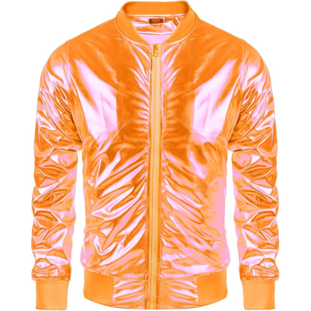 imageCOOFANDY Mens Metallic Jacket 70s Disco Dance Party Costume Shiny Varsity Zipper Baseball Bomber JacketOrange