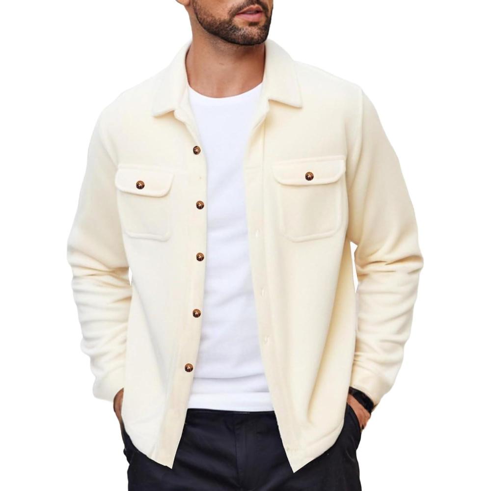 imageCOOFANDY Mens Polar Fleece Shacket Long Sleeve Casual Button Down Shirt Jacket with PocketsBeige