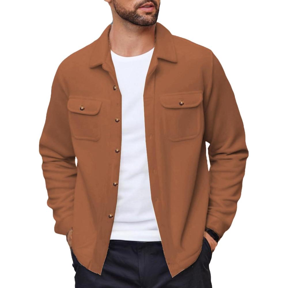 imageCOOFANDY Mens Polar Fleece Shacket Long Sleeve Casual Button Down Shirt Jacket with PocketsCamel