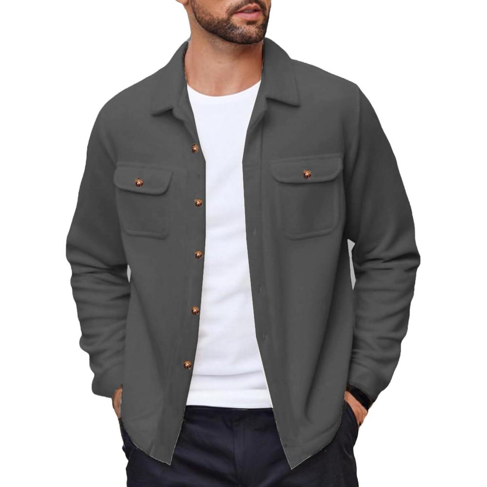 imageCOOFANDY Mens Polar Fleece Shacket Long Sleeve Casual Button Down Shirt Jacket with PocketsDark Grey