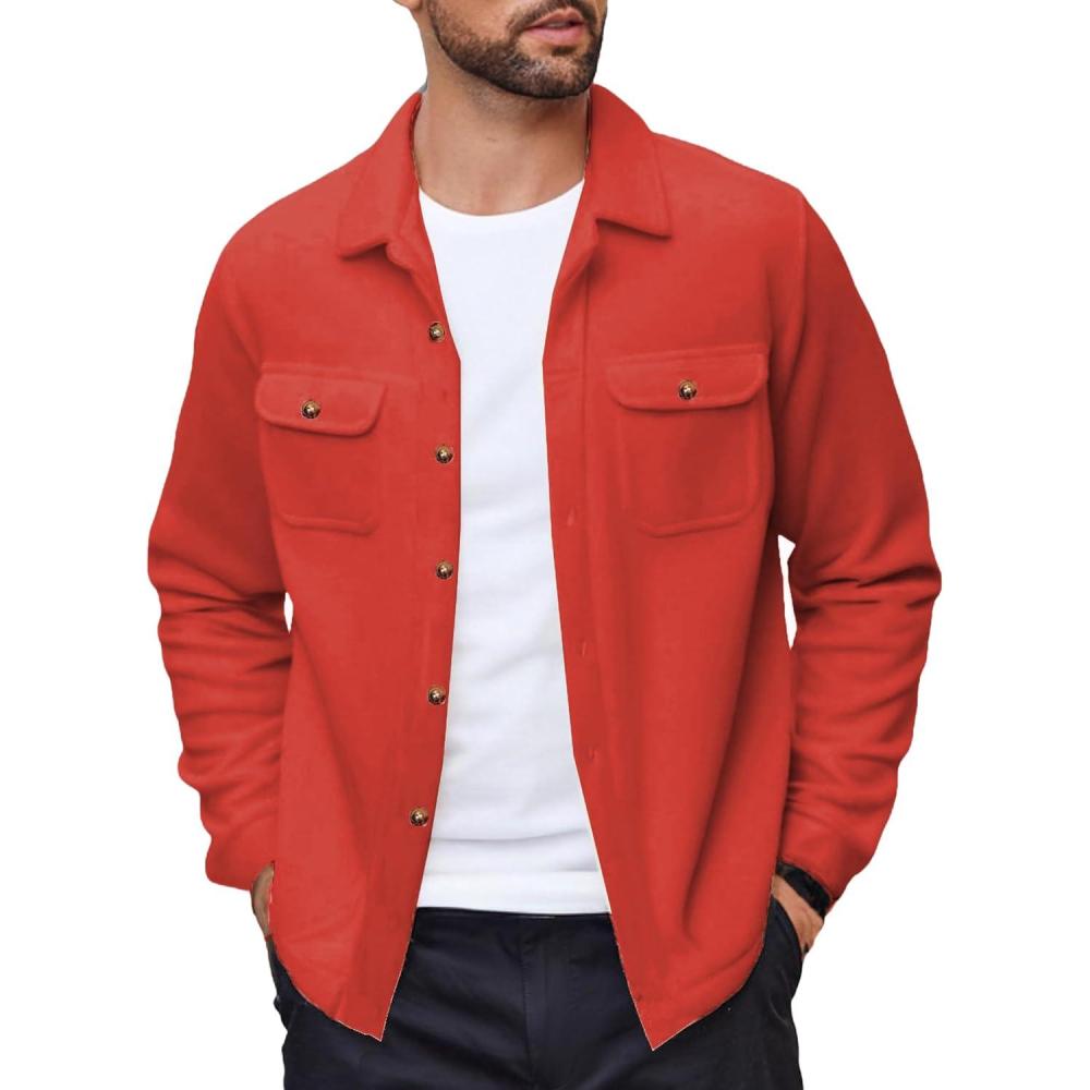 imageCOOFANDY Mens Polar Fleece Shacket Long Sleeve Casual Button Down Shirt Jacket with PocketsRedorange