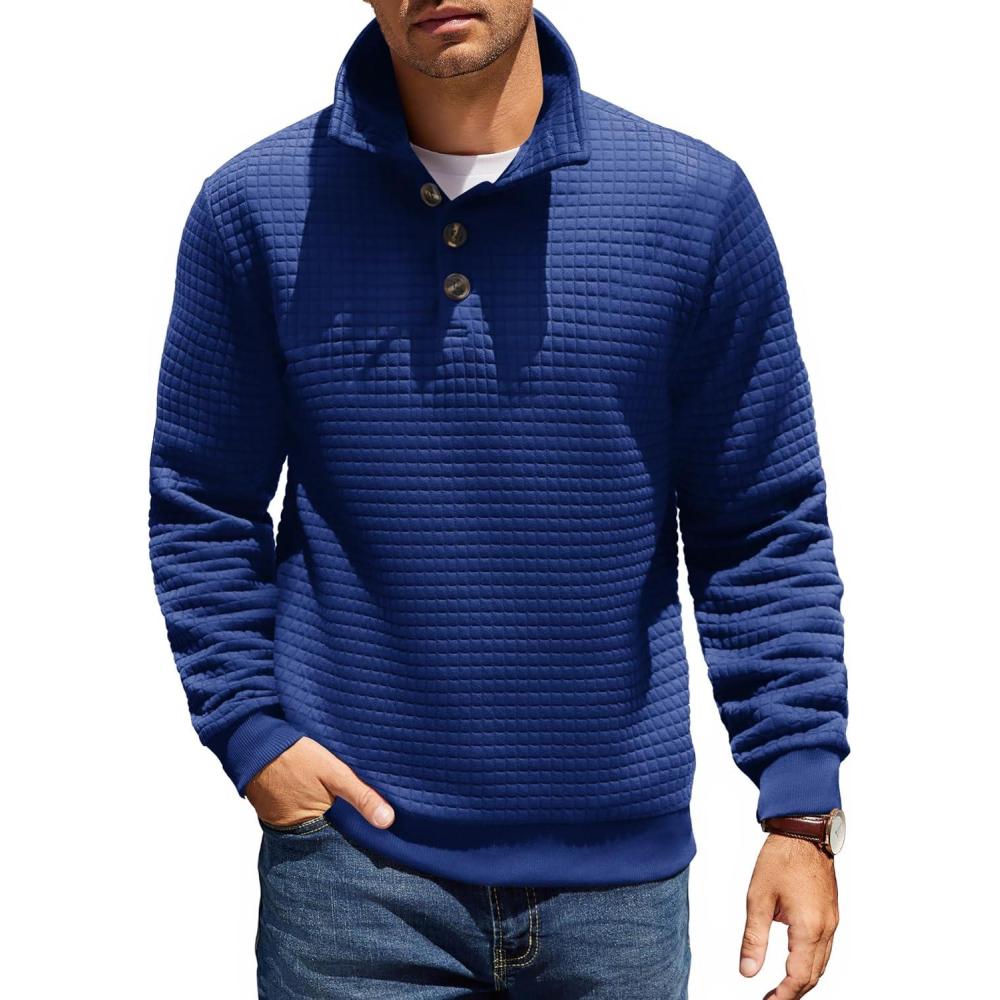 imageCOOFANDY Mens Quarter Pullover Quilted Sweatshirt Casual Knit Long Sleeve Mock Neck Sweater Waffle Collared PulloverBlue