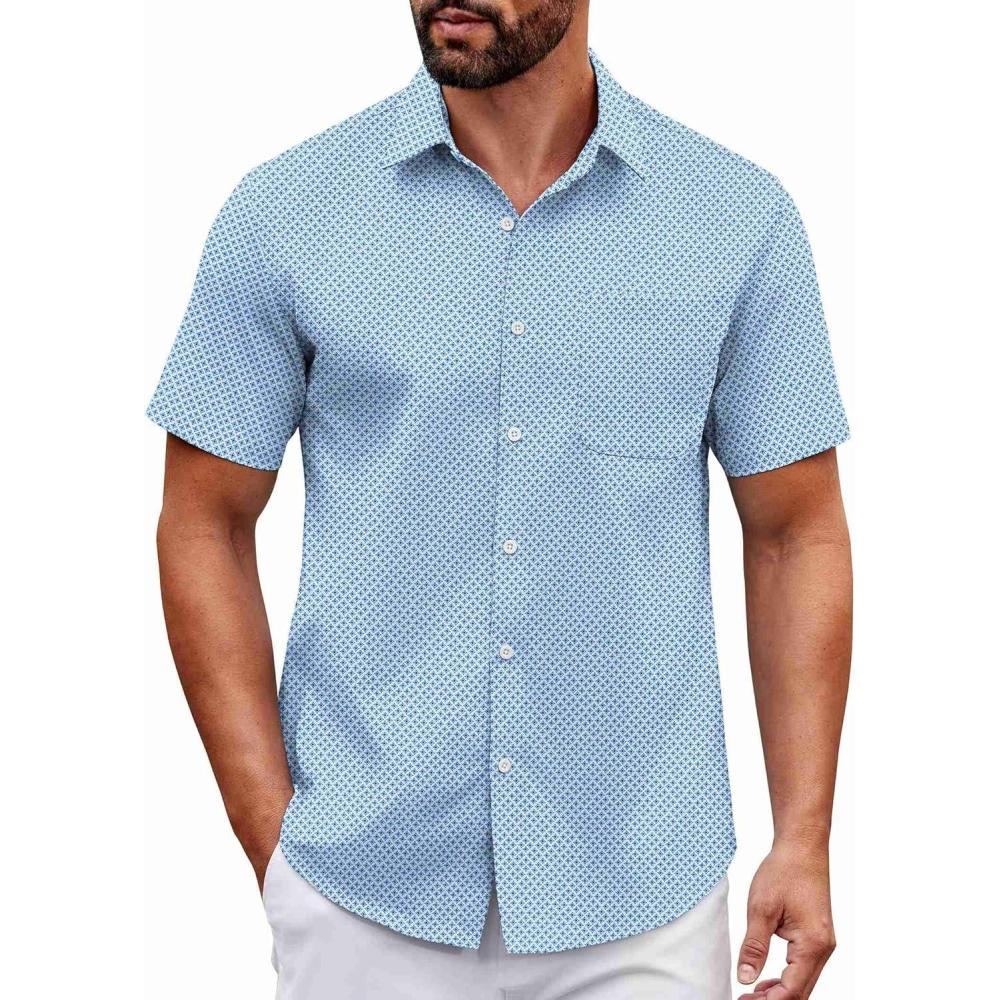 imageCOOFANDY Mens Short Sleeve Button Down Shirts Casual Dress Shirt Untucked Shirts with PocketBlue Patterned